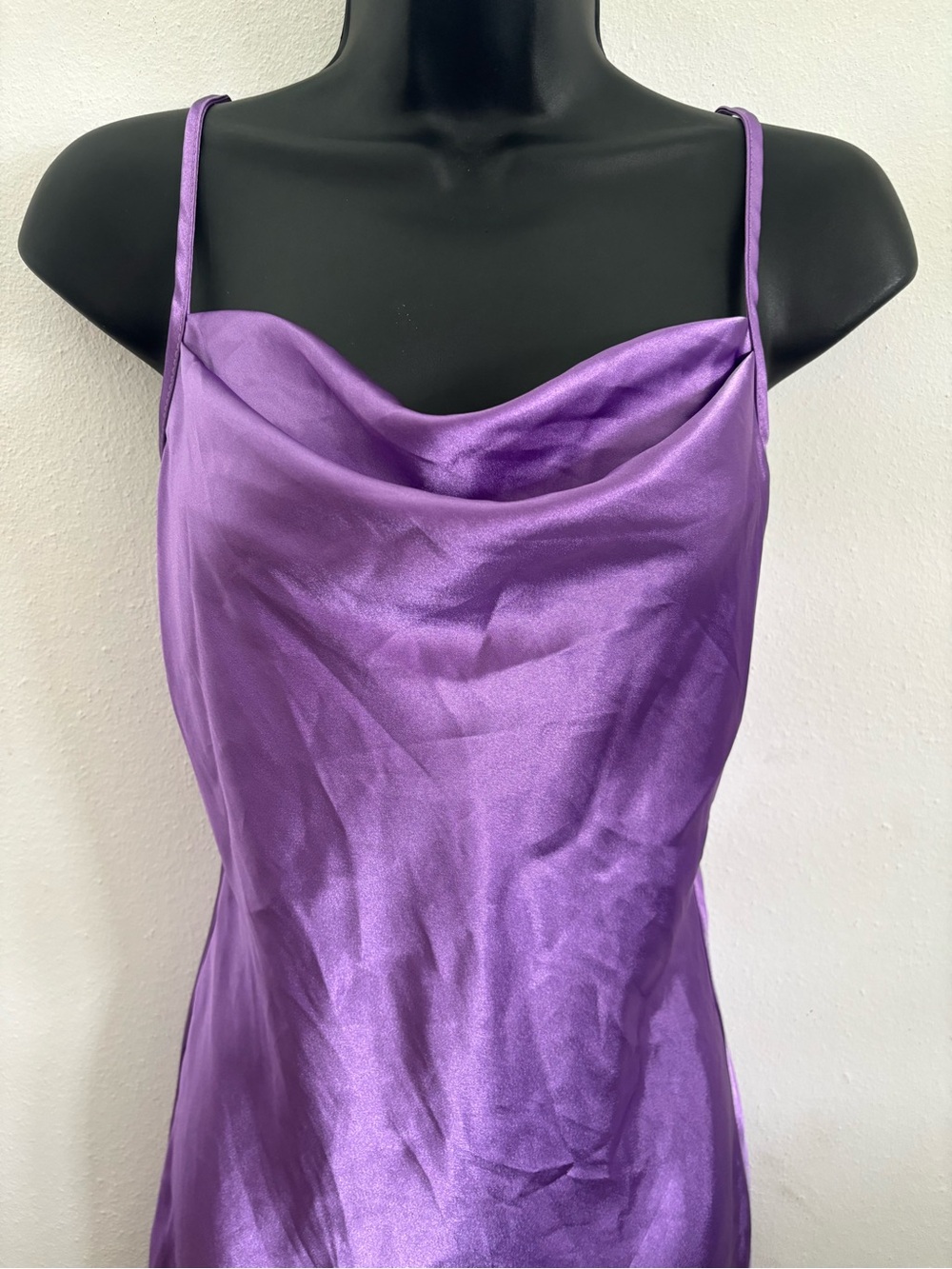 bebe Purple Satin Cowl Slip Dress